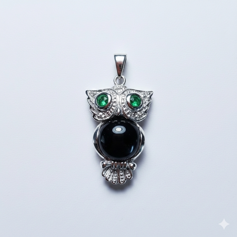 Owl Charm 925 Sterling Silver CAH Rhodium Plated Black Onyx Green Cubic Zirconia